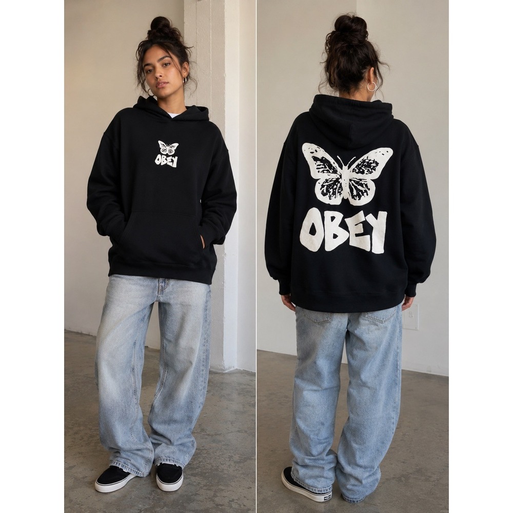 Obey Worldwide Butterfly Graphic Hoodie Black Mens Medium Streetwear Skater